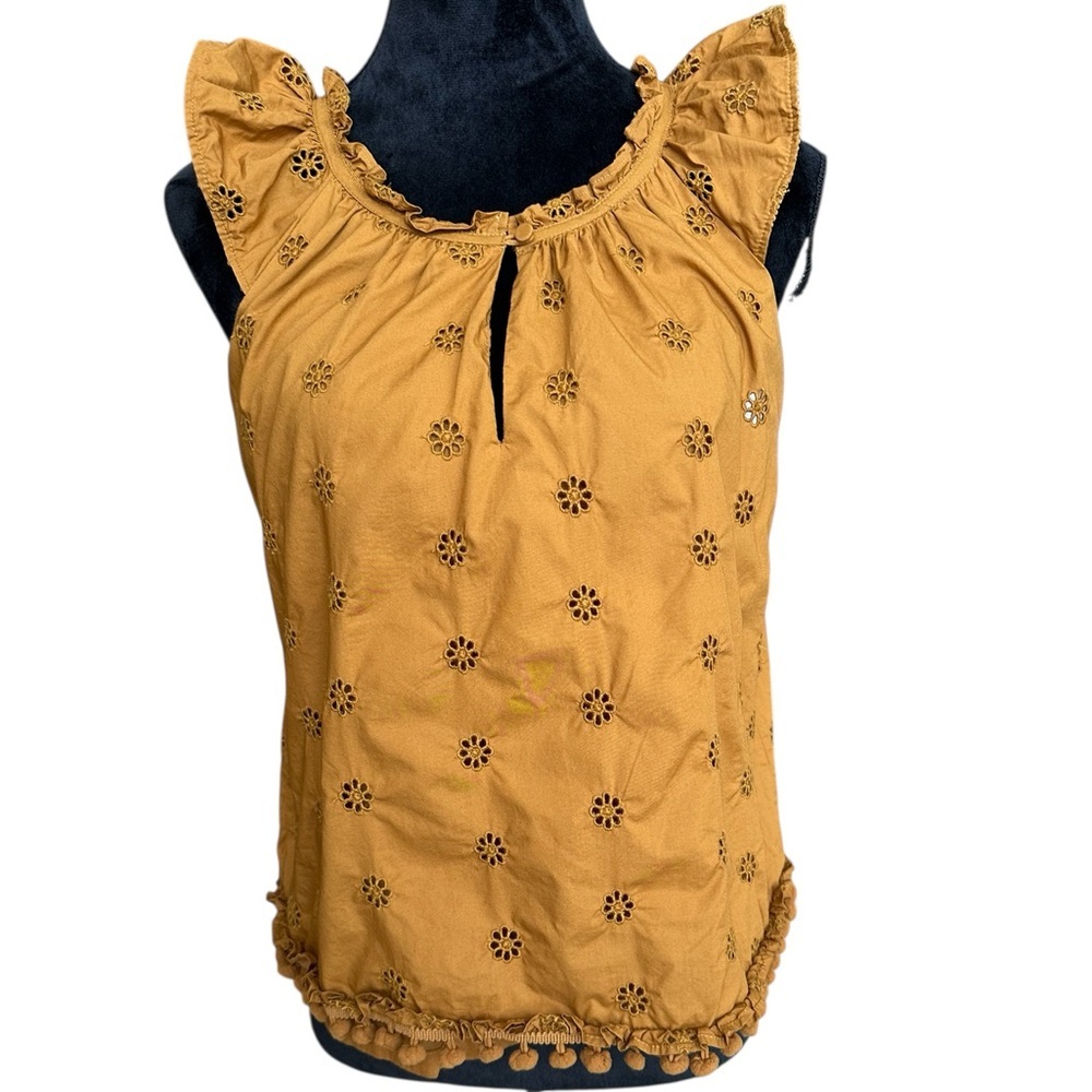 J.Crew Re-Imagined Eyelet Ruffle Sleeve Top‎ – Mustard Yellow Size M 100% cotton